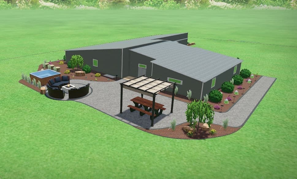 3D rendering of a modern house with outdoor seating, a fire pit, and landscaped garden.