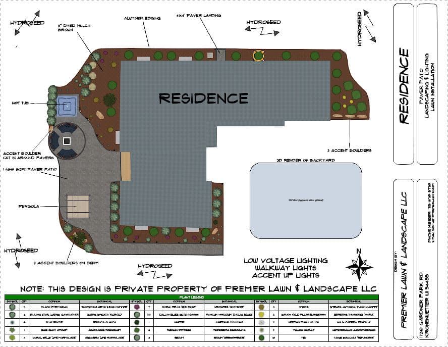 Landscape design plan for a residential property featuring lighting, walkways, and patio.